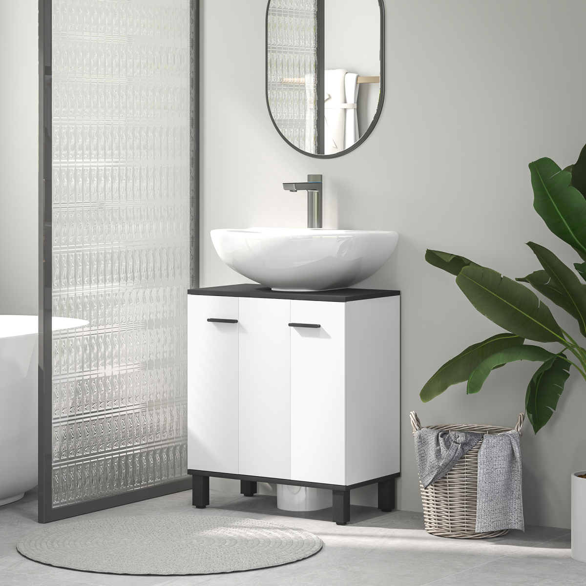 HOMCOM Bathroom Under Sink Cabinet, Adjustable Shelf, High Gloss White