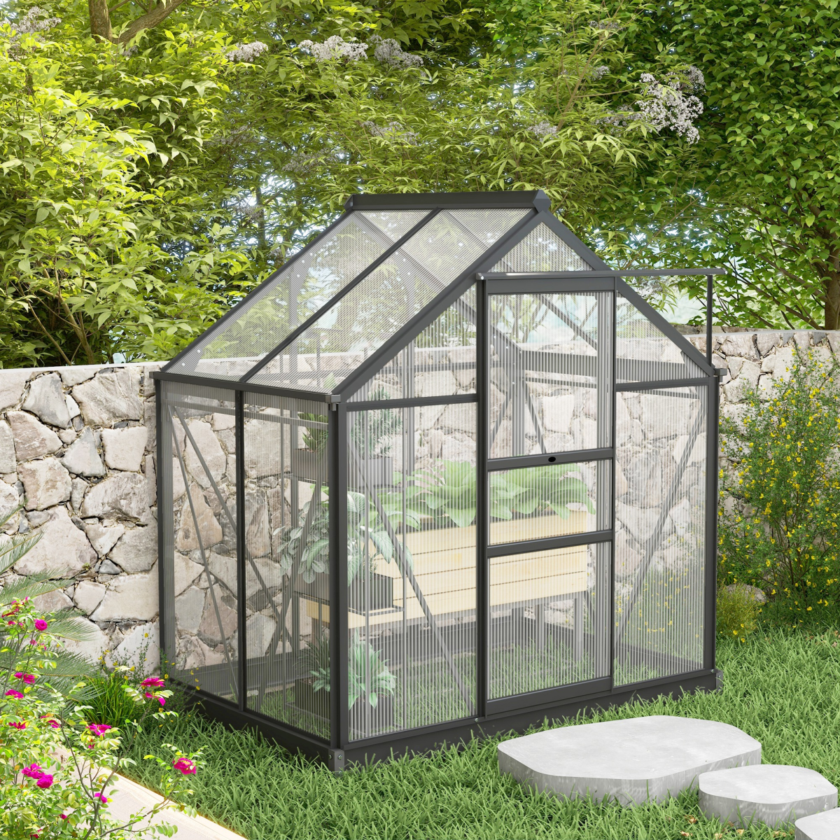 Outsunny 6 x 4ft Aluminium Polycarbonate Walk-In Greenhouse with Sliding Door