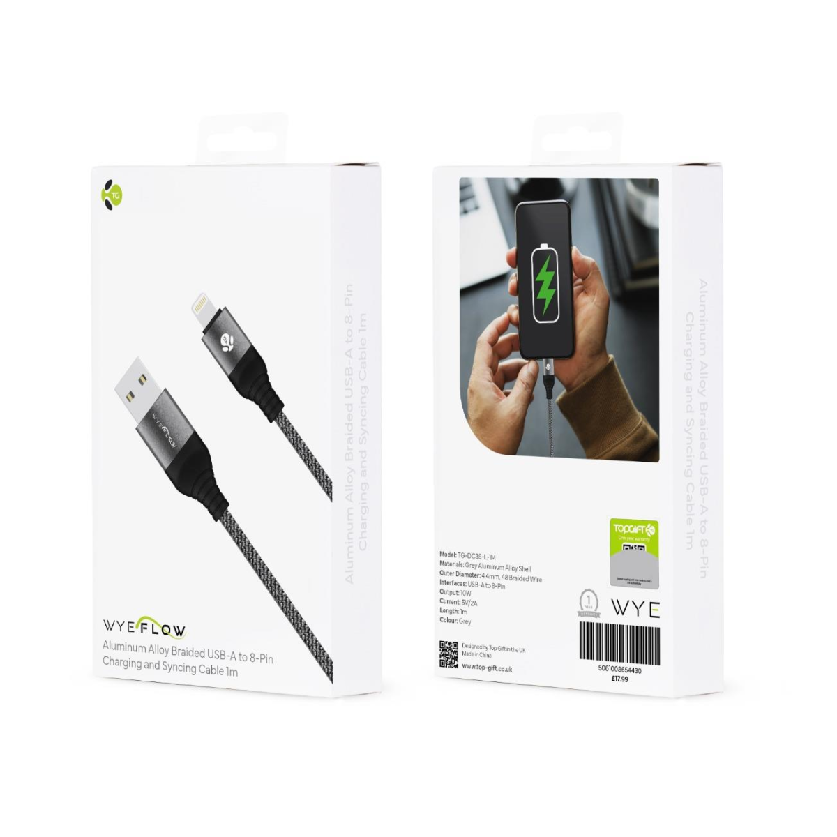 WYE USB-A to 8-Pin Braided Charging & Syncing Cable, 1m