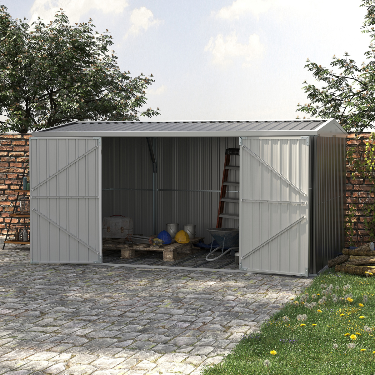 Outdoor Garden Storage Shed, Galvanized Steel Tool Storage Box for Backyard, Sloped Roof, Lockable Double Doors, Grey