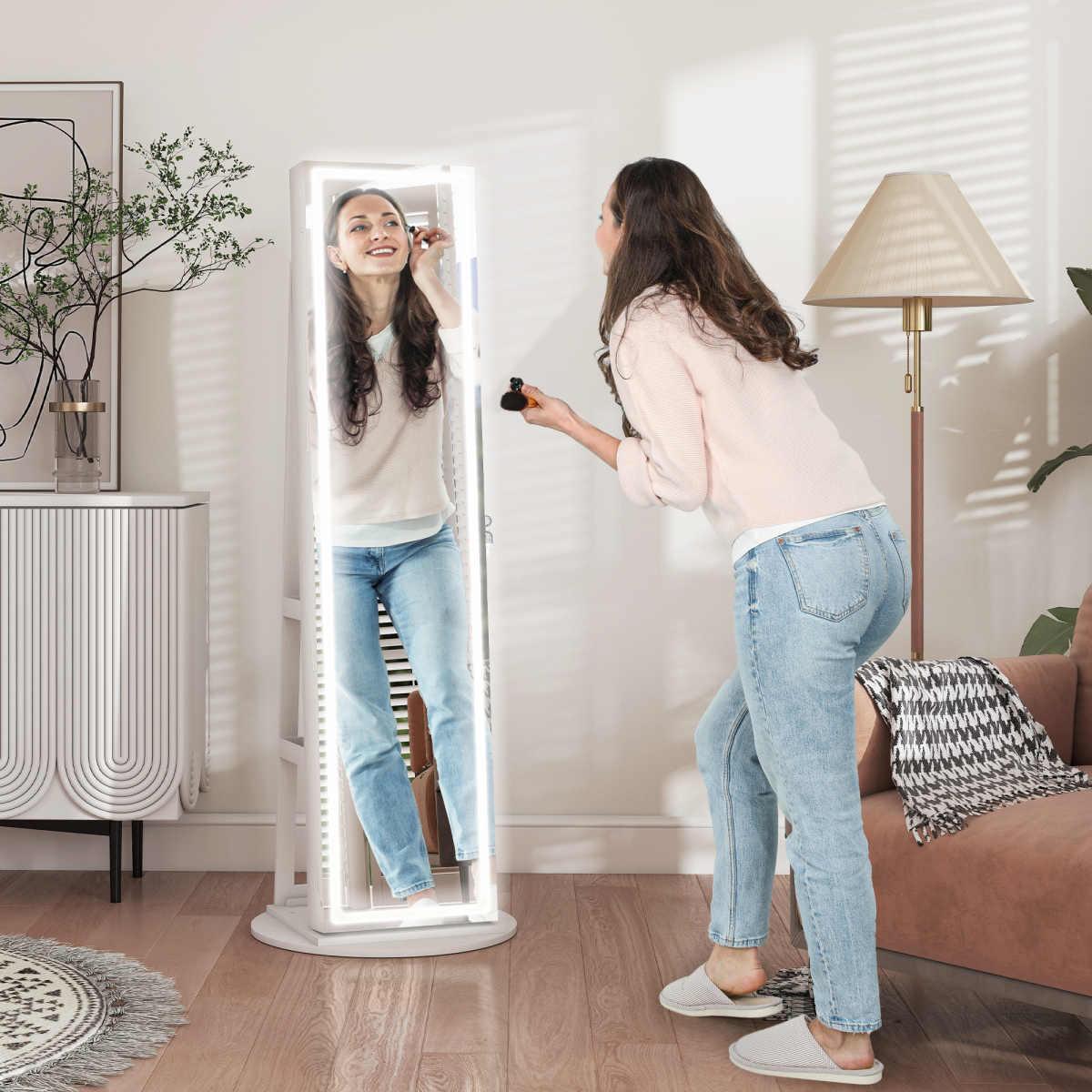 HOMCOM 360° Swivel Jewellery Cabinet Mirror with Storage, White