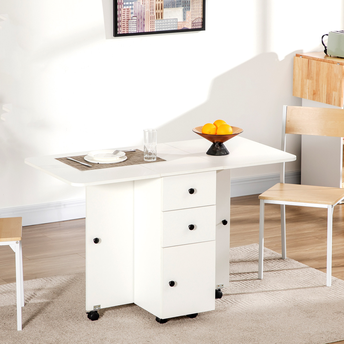 HOMCOM White Folding Drop Leaf Dining Table with Storage Drawers