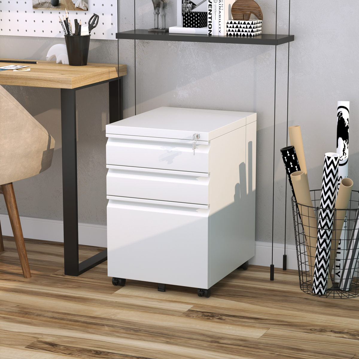 Mobile Lockable Steel Vertical File Cabinet with 3 Drawers and 5 Wheels