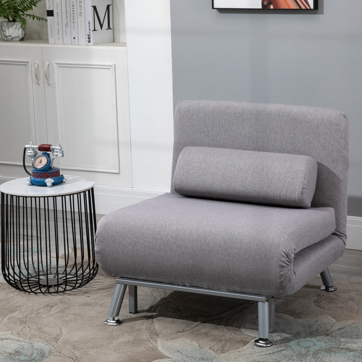 HOMCOM Grey Linen Upholstered Single Sofa Bed with Adjustable Back and Pillow