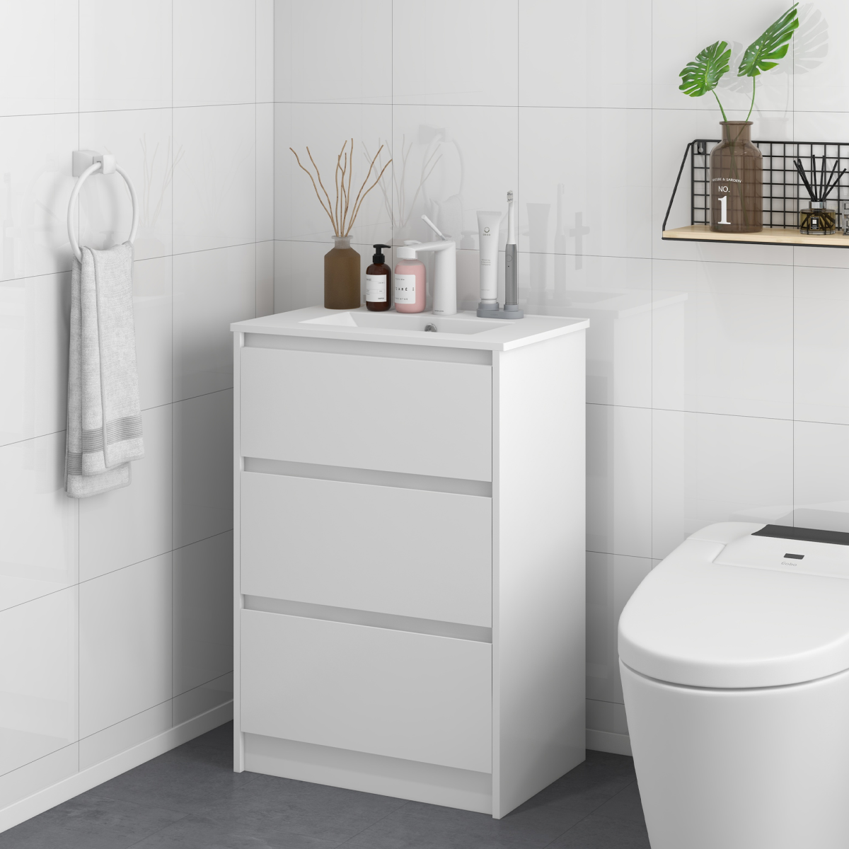 600mm Bathroom Vanity Unit w/ 1 Tap Hole Basin Drawers Gloss White