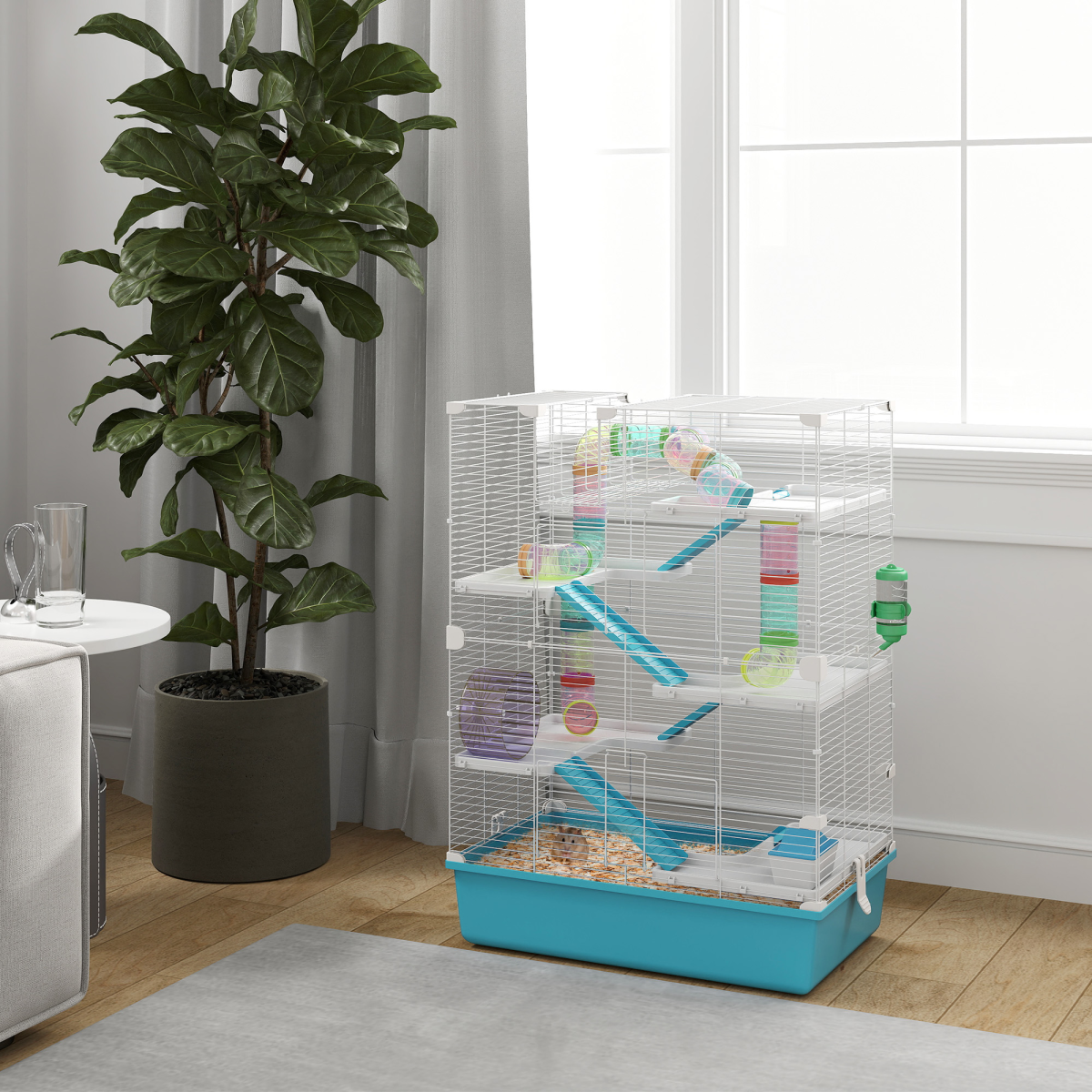 PawHut 6-Tier Twin Tower Hamster Cage with Accessories, Light Blue