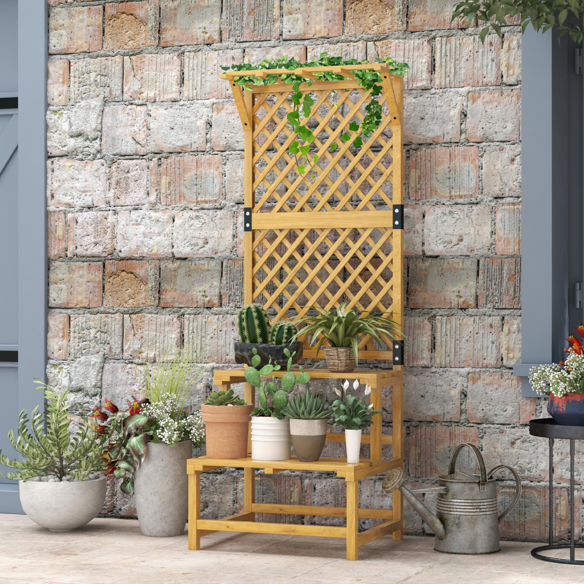 Outsunny Wooden Plant Stand with Trellis, 2-Shelf Flower and Plant Display, Yellow