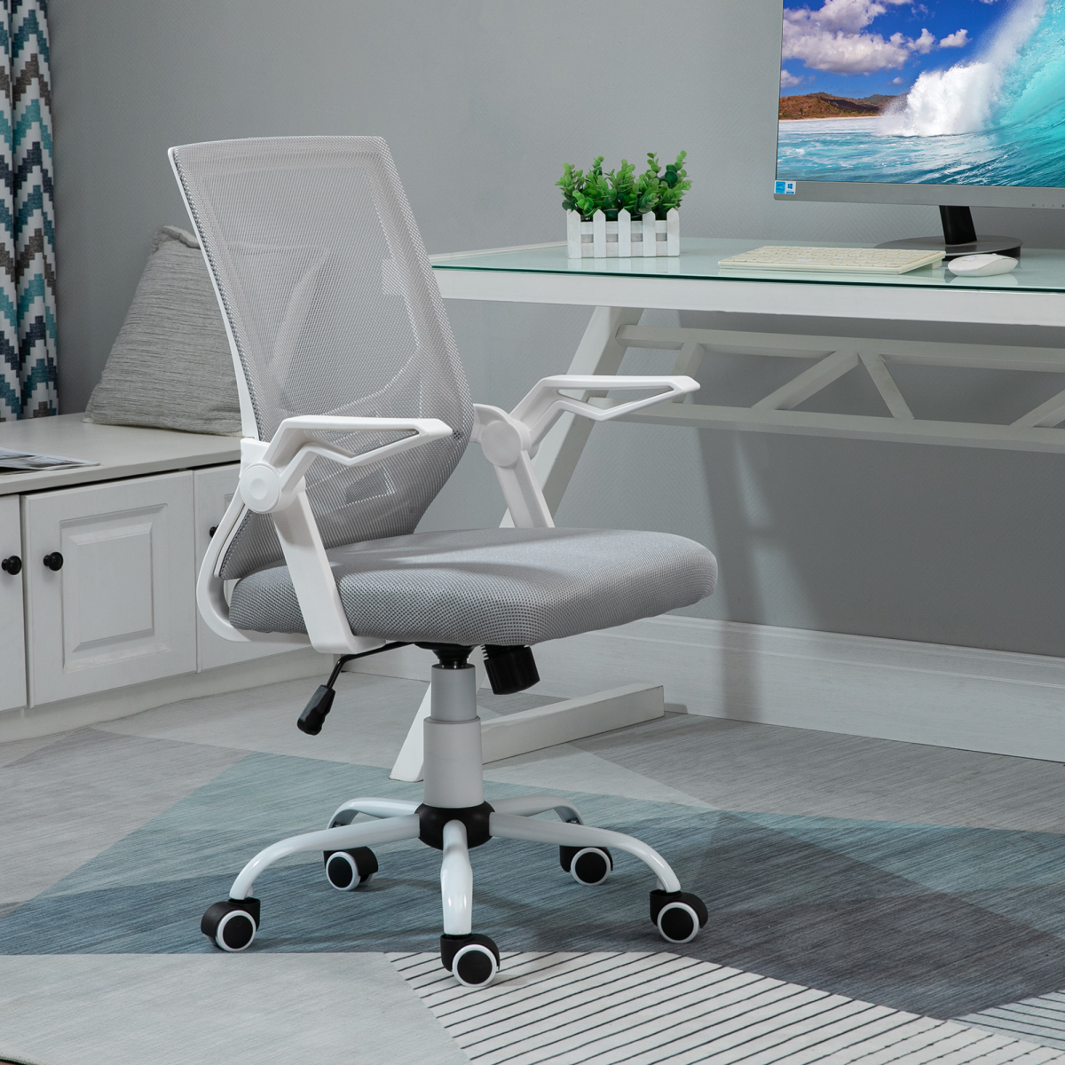 Grey Mesh Swivel Office Chair with Lumbar Support, Adjustable Home Office Task Chair, Grey/White, Unbranded
