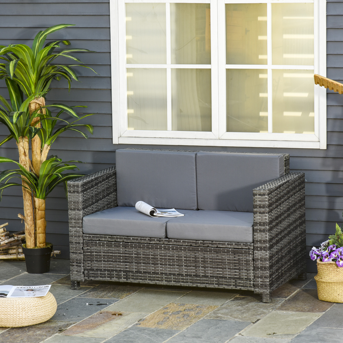 Outsunny 2-Seater Rattan Wicker Loveseat Sofa with Cushions, Grey