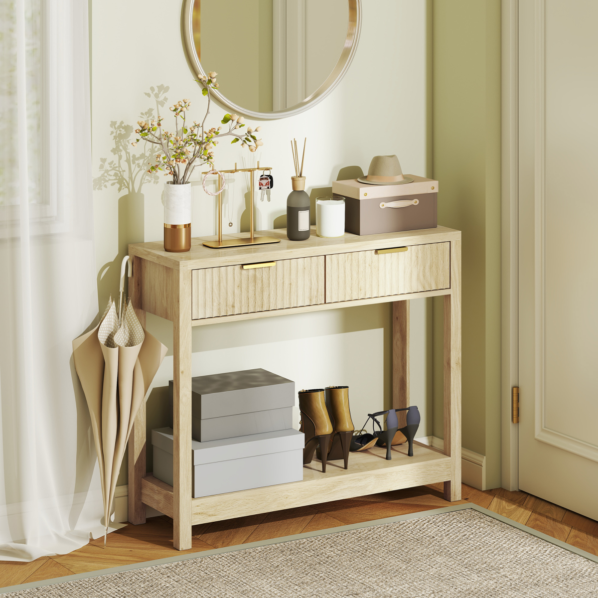 HOMCOM Modern Console Table with Fluted Drawers and Shelf