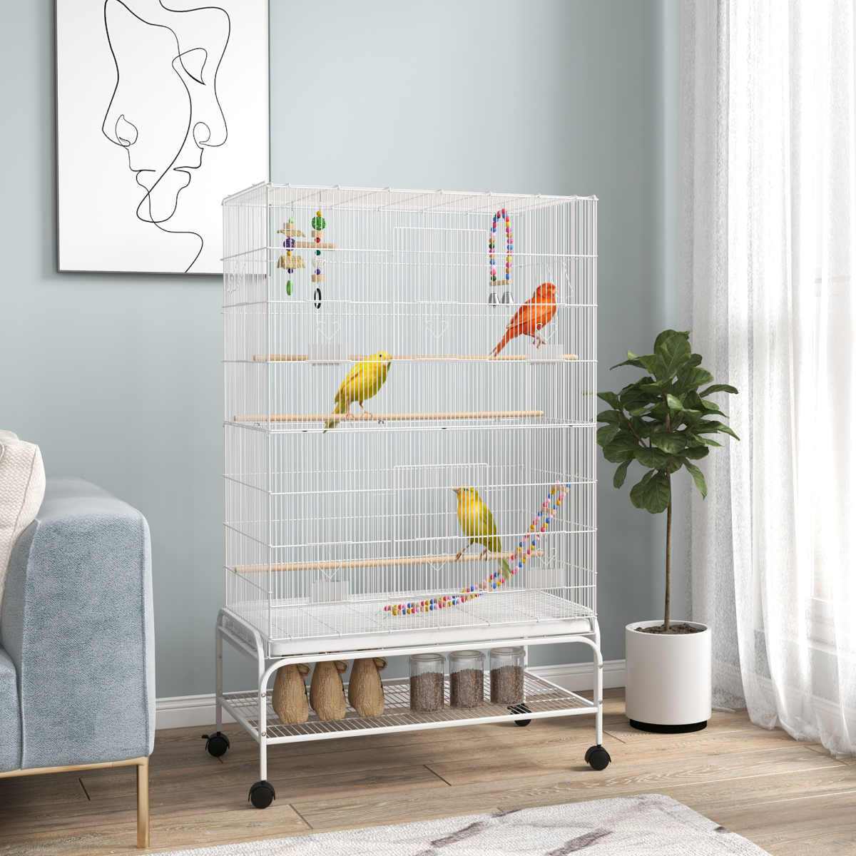 PawHut Bird Cage with Stand, Wheels & Toys for Budgies and Finches, White