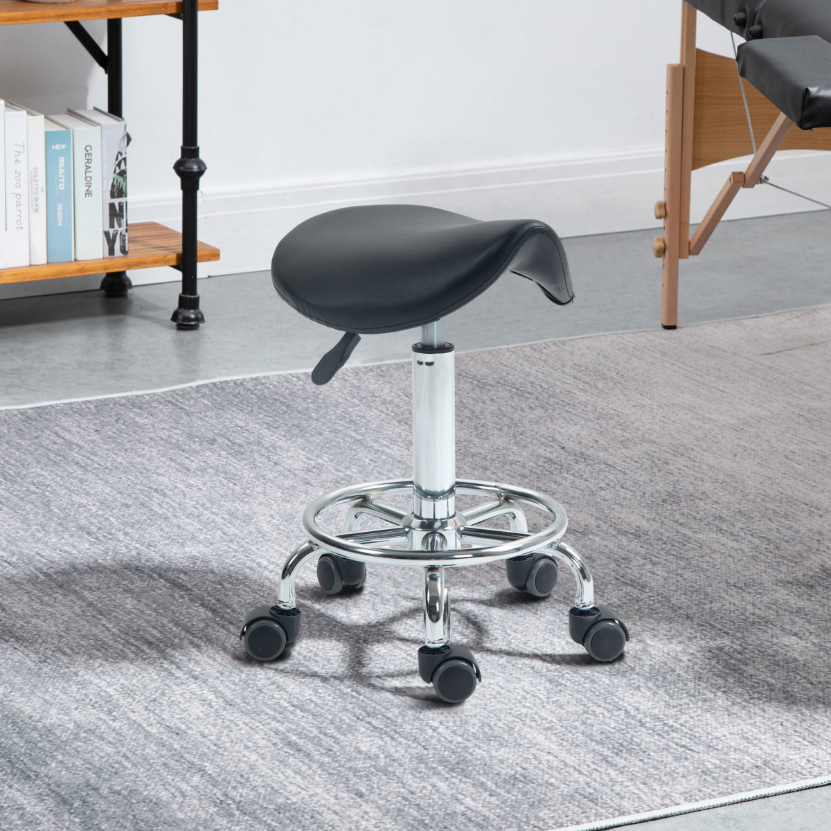 HOMCOM Adjustable Saddle Stool with Rolling Castors, Black