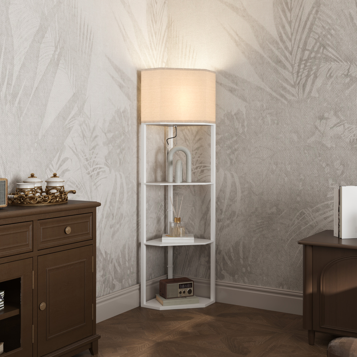 HOMCOM Corner Floor Lamp with Shelves, White