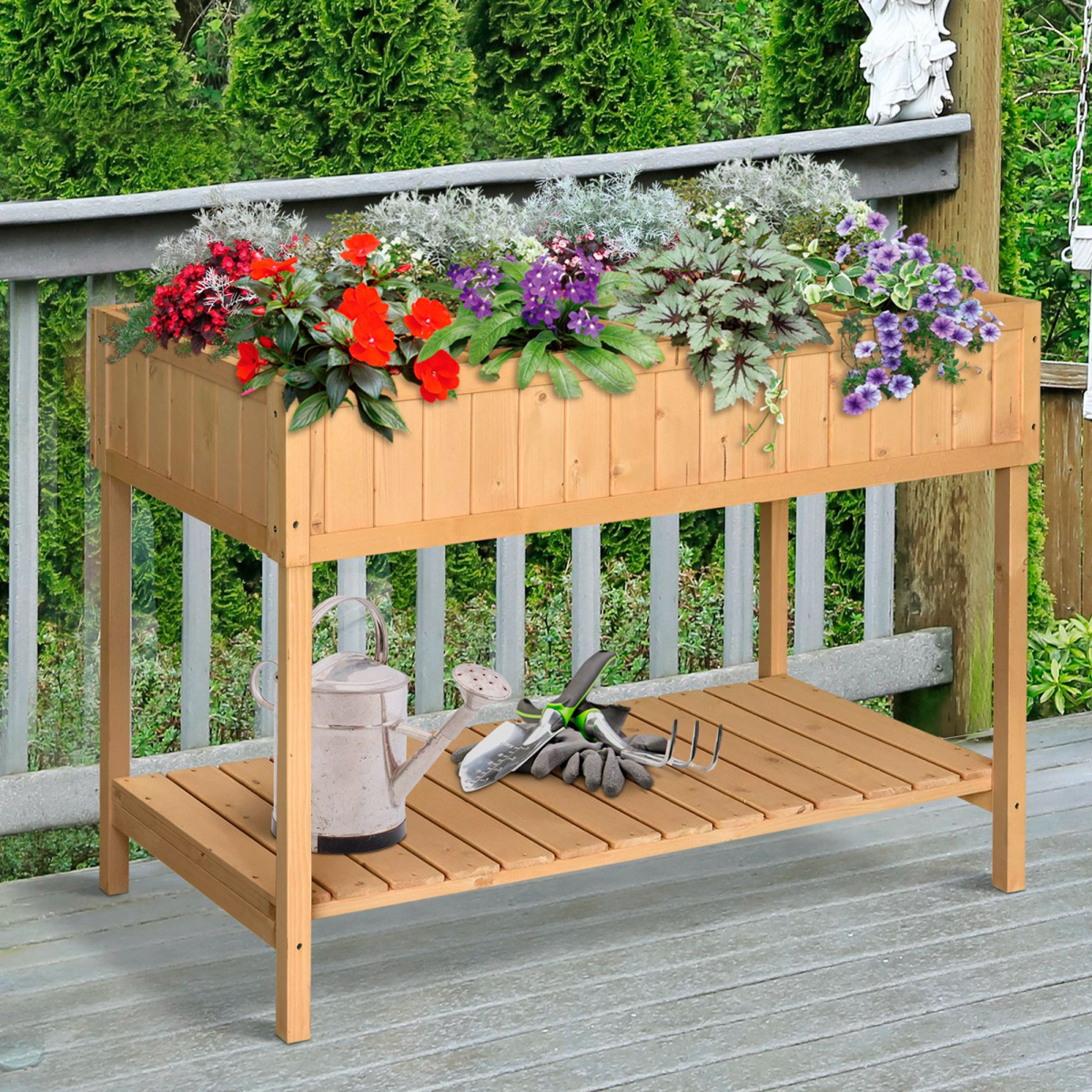 Outsunny Fir Wood 8-Compartment Raised Plant Stand with Shelf