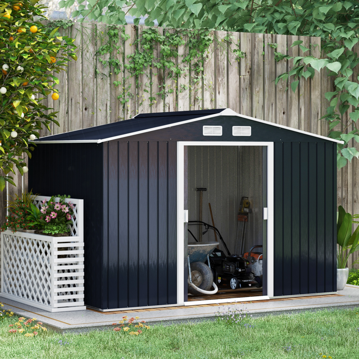 Outsunny 9 x 6FT Galvanised Metal Garden Storage Shed with Floor Foundation, Ventilation and Sliding Double Doors, Dark Grey