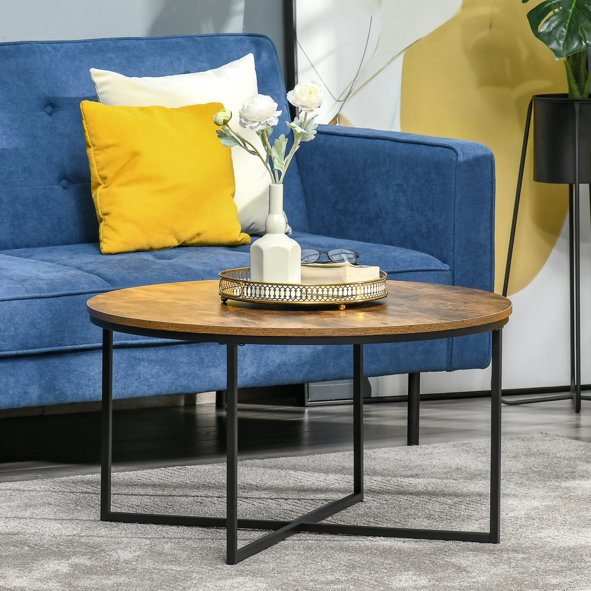HOMCOM Industrial Round Side Table with Large Tabletop, Metal Frame and X-Shaped Base, Rustic Brown