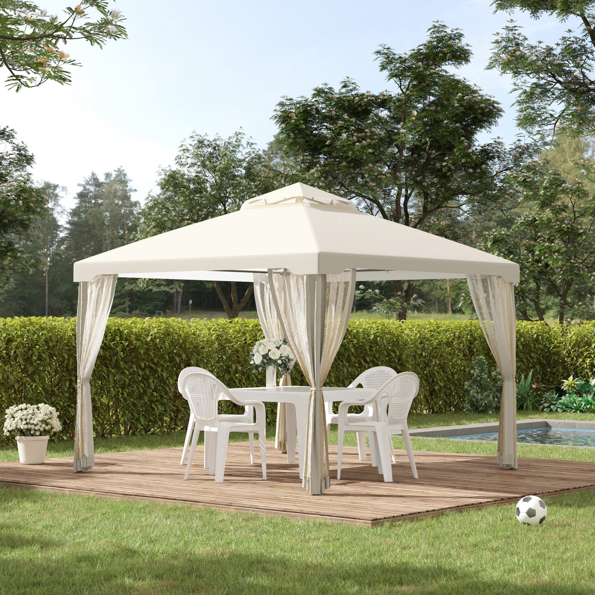Outsunny 3x3m 2-Tier Polyester Outdoor Garden Gazebo with Mosquito Netting, Cream White