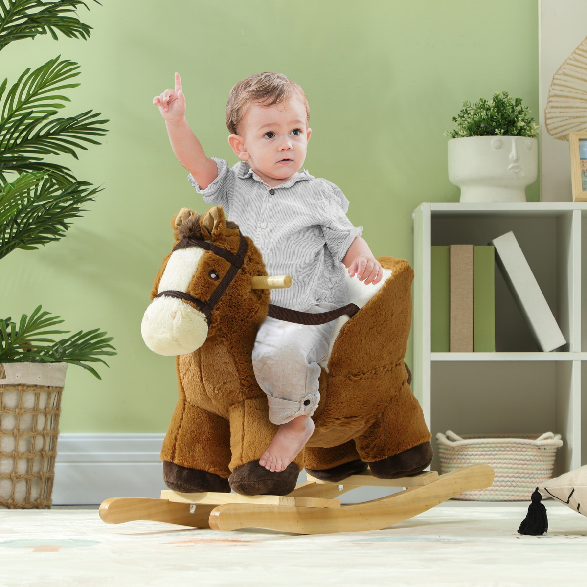 AIYAPLAY Kids Rocking Horse with Sound, Safety Belt, Brown
