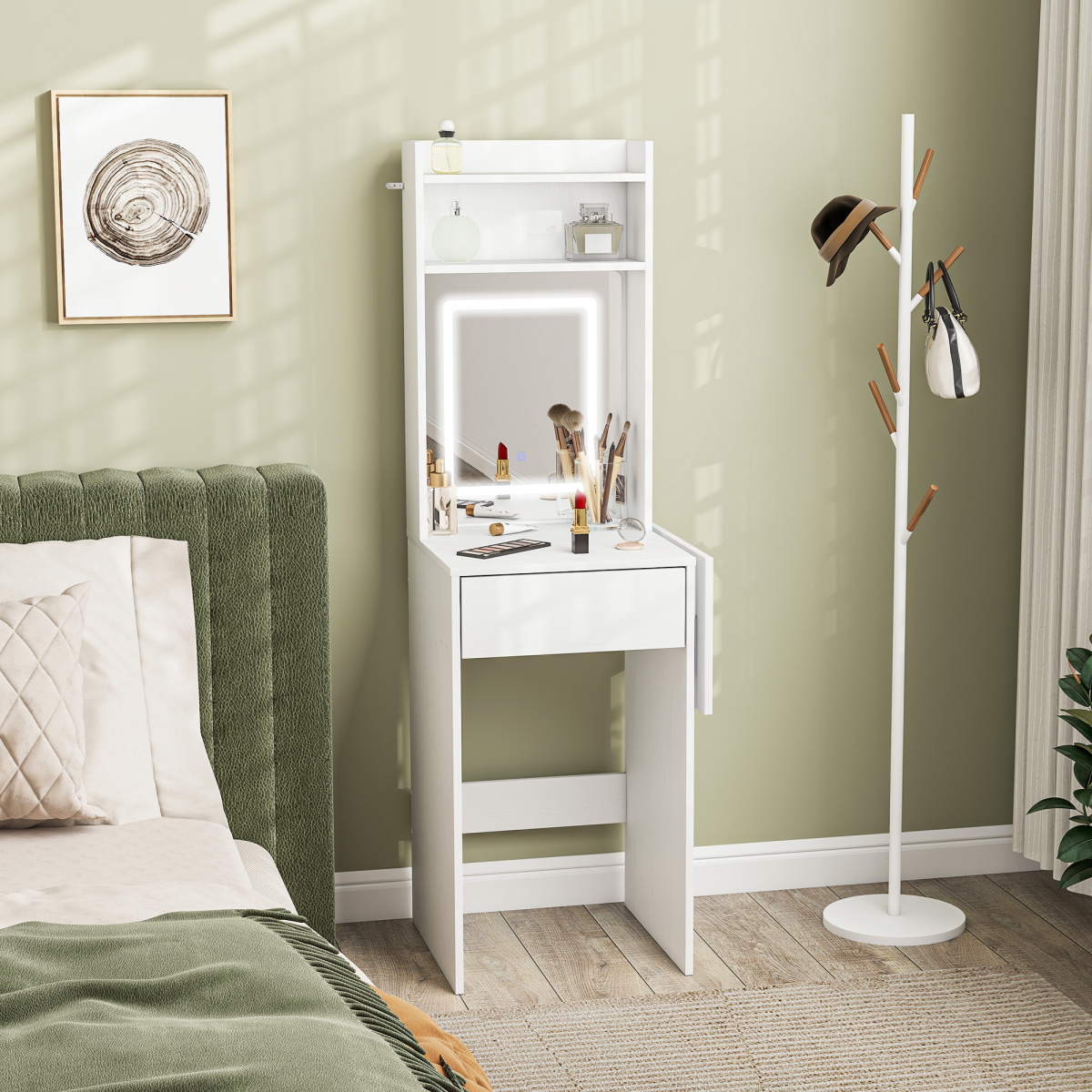 HOMCOM Compact Dressing Table with LED Mirror, Shelves and Drawer, White