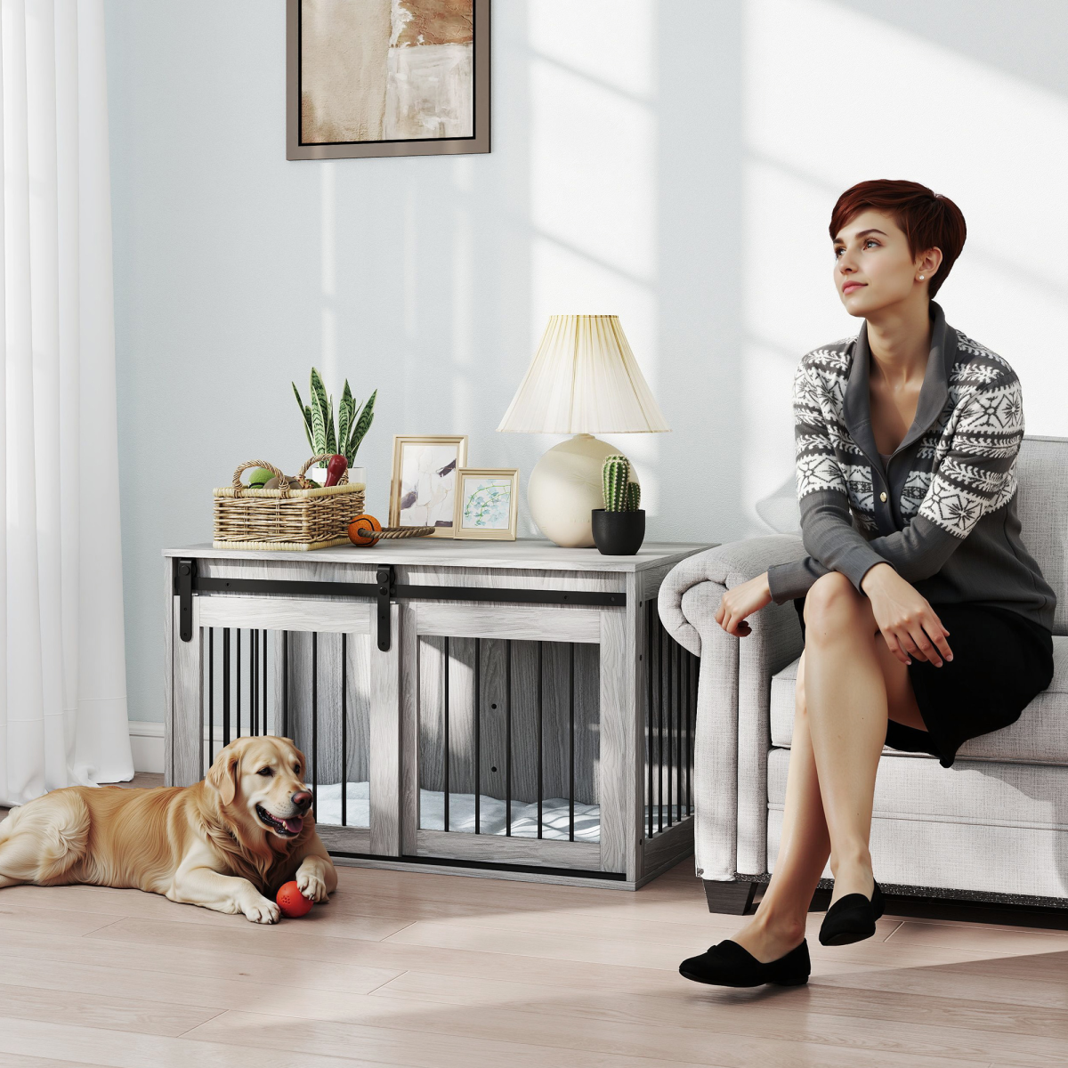 PawHut Grey Dog Crate Furniture with Cushion, Side Table for Large Dogs