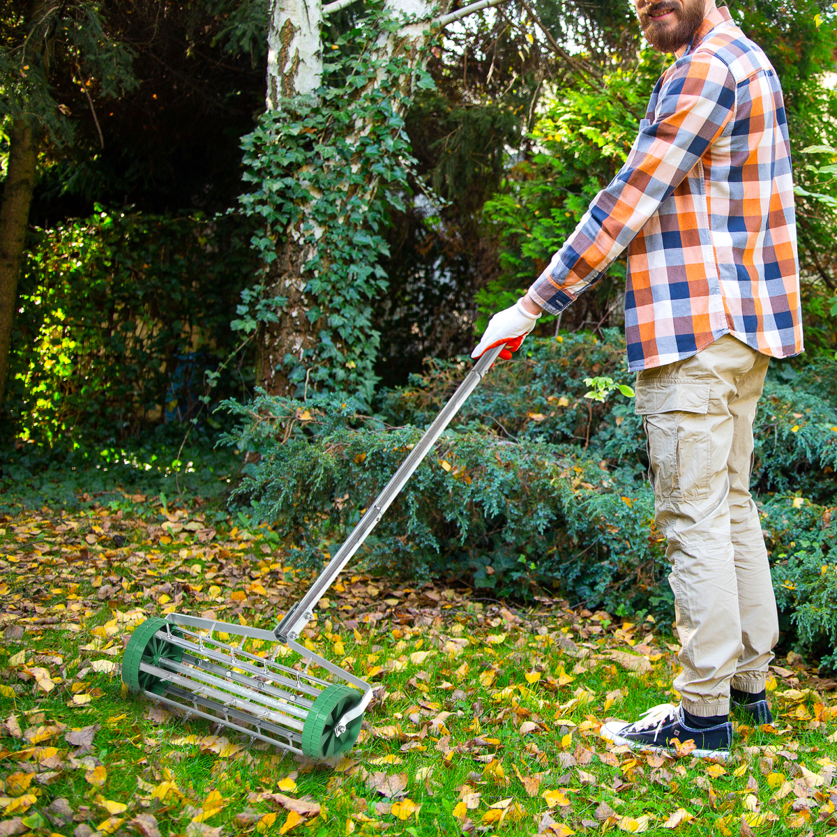Outsunny Lawn Aerator Roller with 3-Level Adjustable Handle, Galvanized Metal and PP Plastic