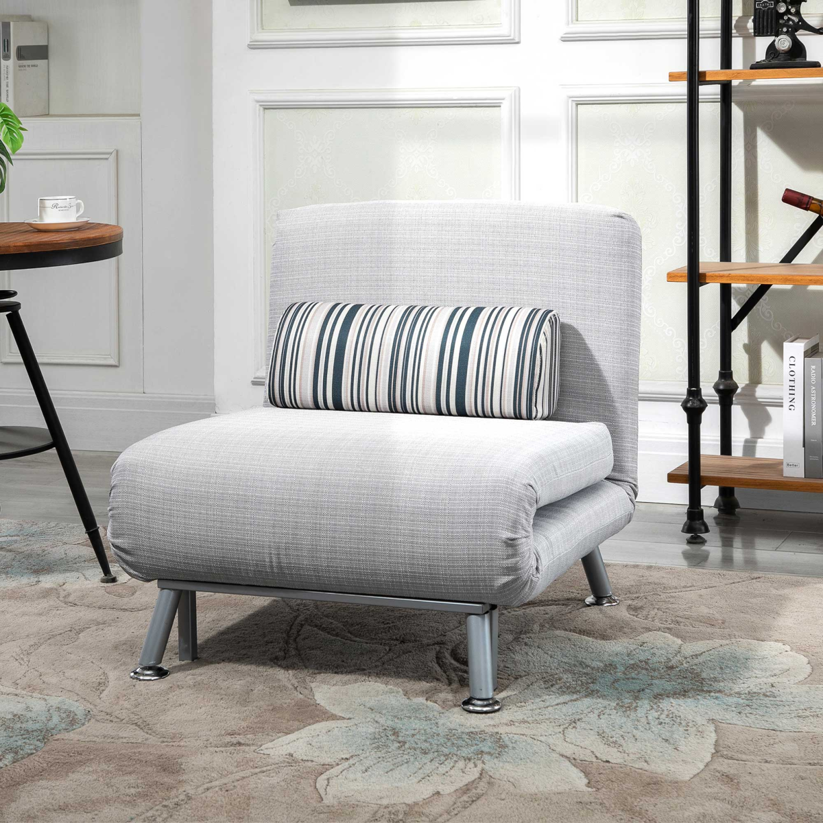 Single Sofa Bed Folding Chair Bed with 5-Position Adjustable Back, Steel Frame, Pillow, Grey/Silver