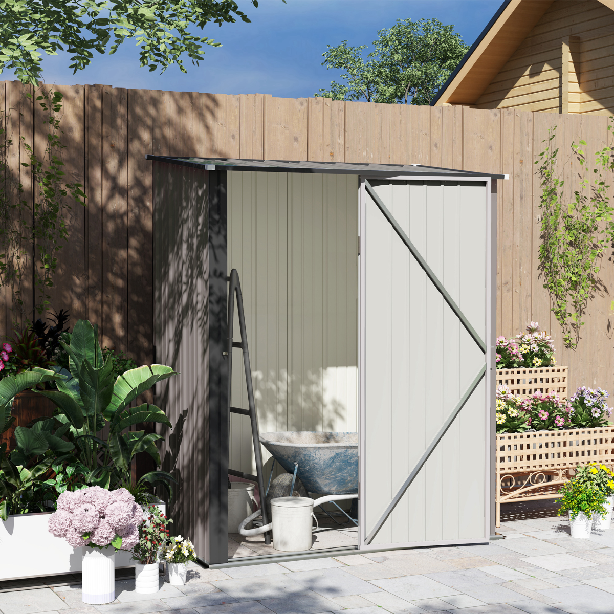 Outsunny Light Grey Steel Outdoor Storage Shed with Lockable Door