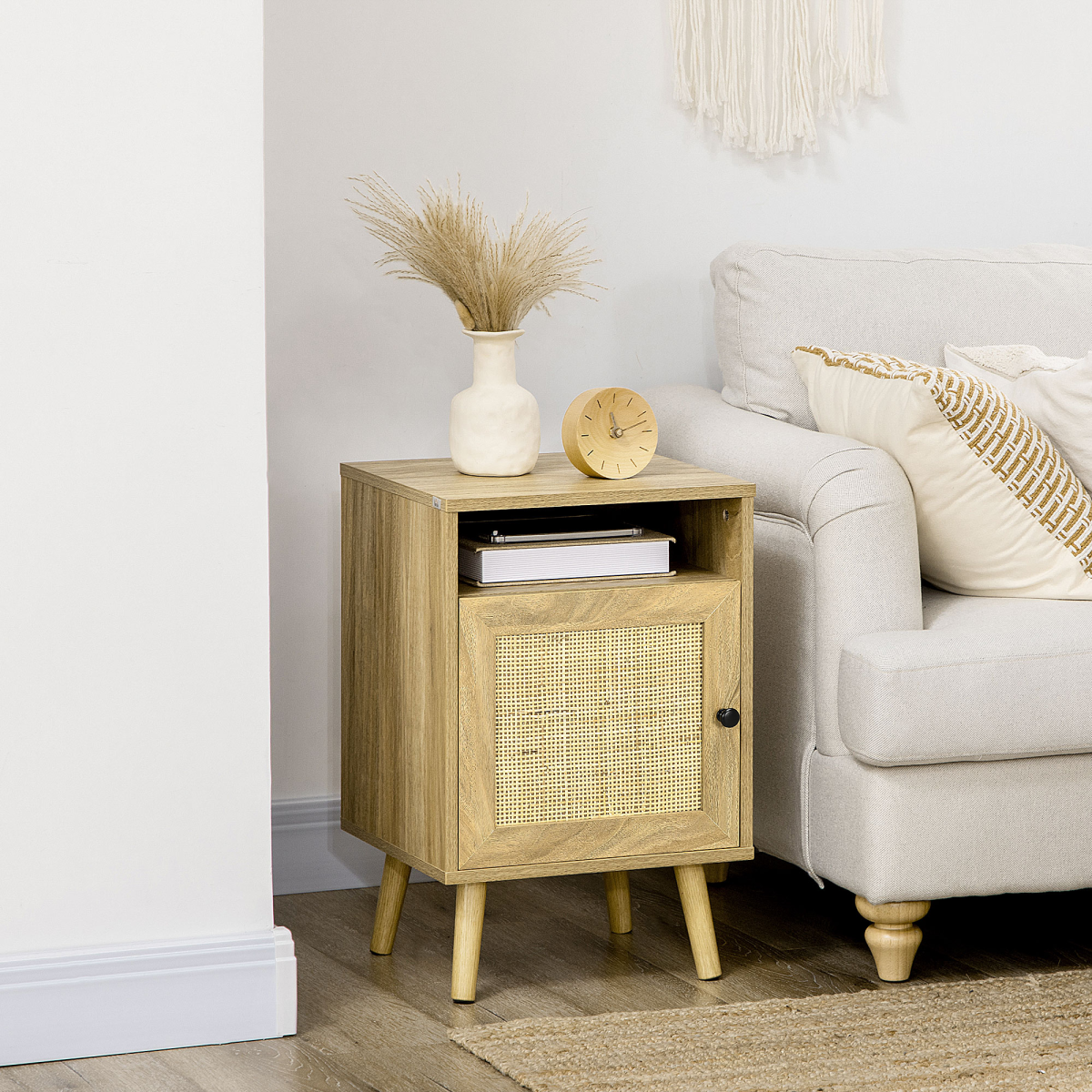 HOMCOM Rattan Nightstand with Cabinet & Shelf, Natural