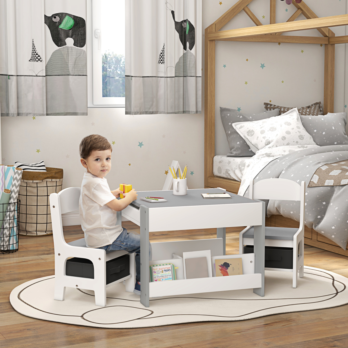 HOMCOM 3-Piece Kids Table and 2 Chairs Set with Storage, Grey