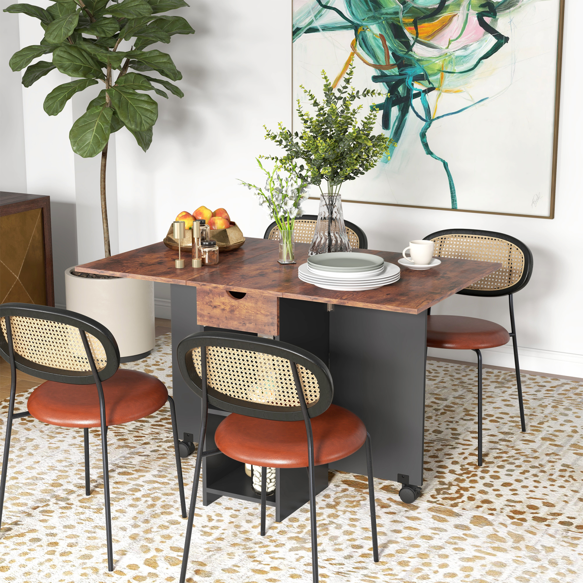 Expandable Drop Leaf Dining Table with Storage, Seats 4, Rustic Brown