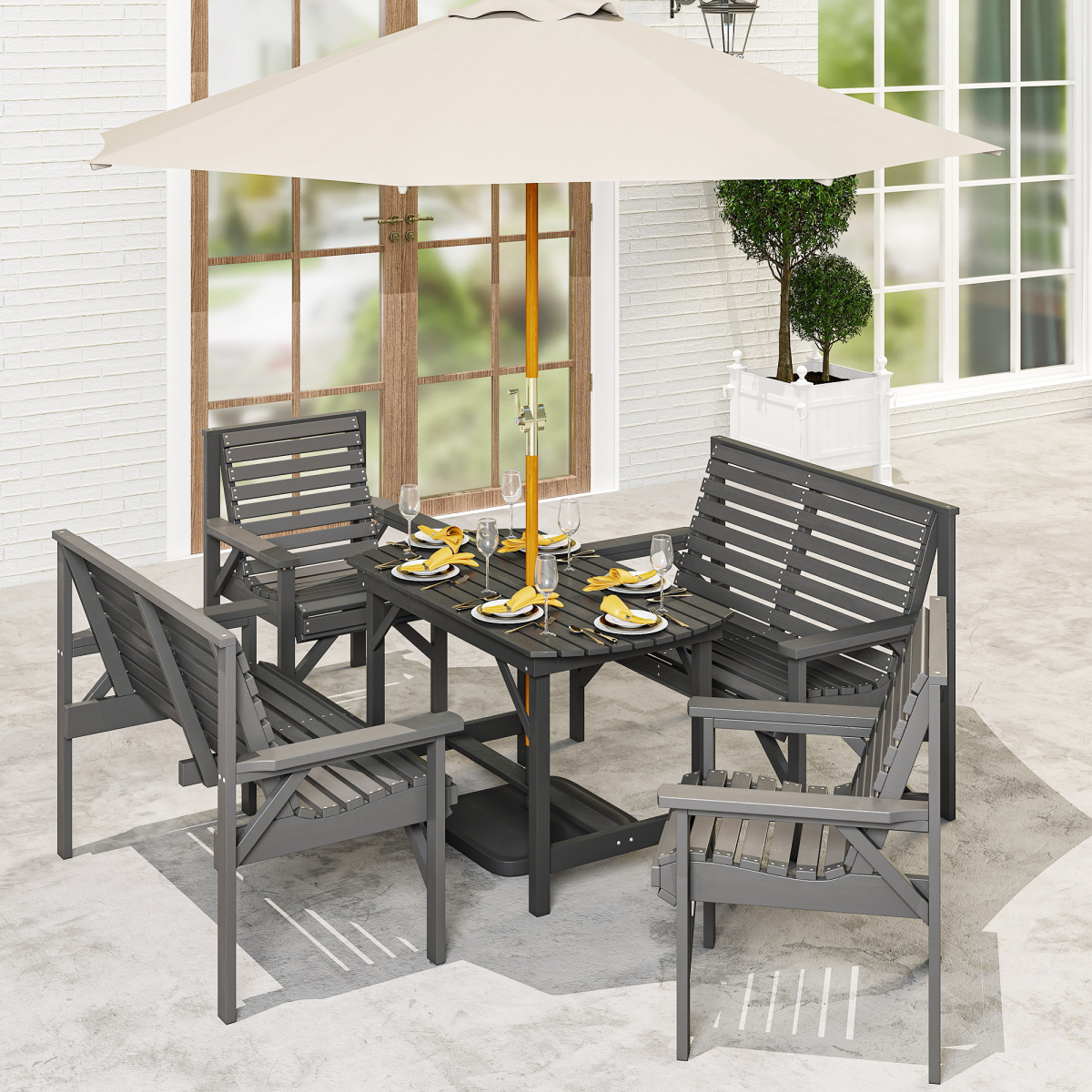 Outsunny 5-Piece Wooden Patio Dining Set, Grey, with Umbrella Hole