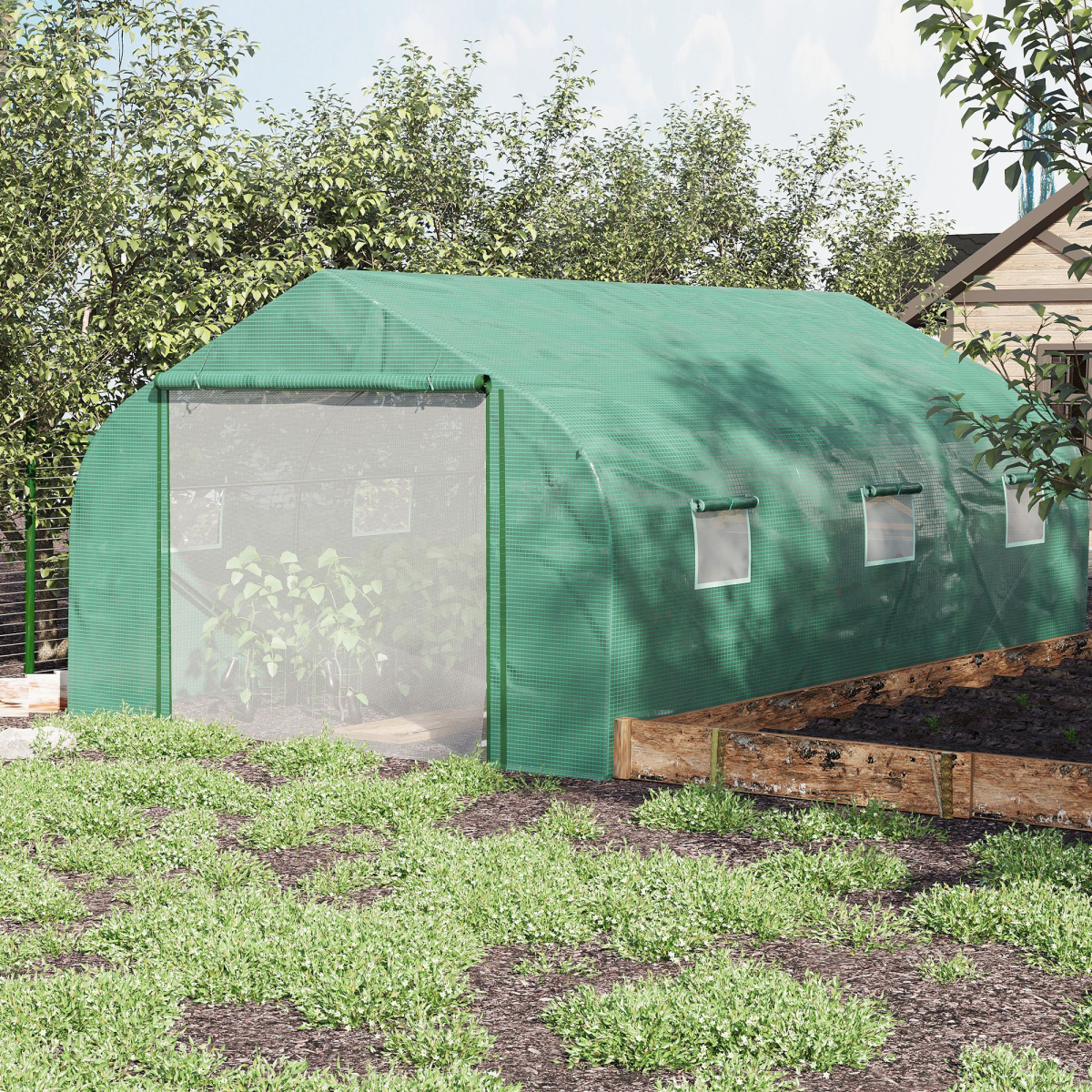 Outsunny 4.47 x 3 x 2m Walk-In Polytunnel Tent with PE Cover, Zip Door, 6 Mesh Windows, Green