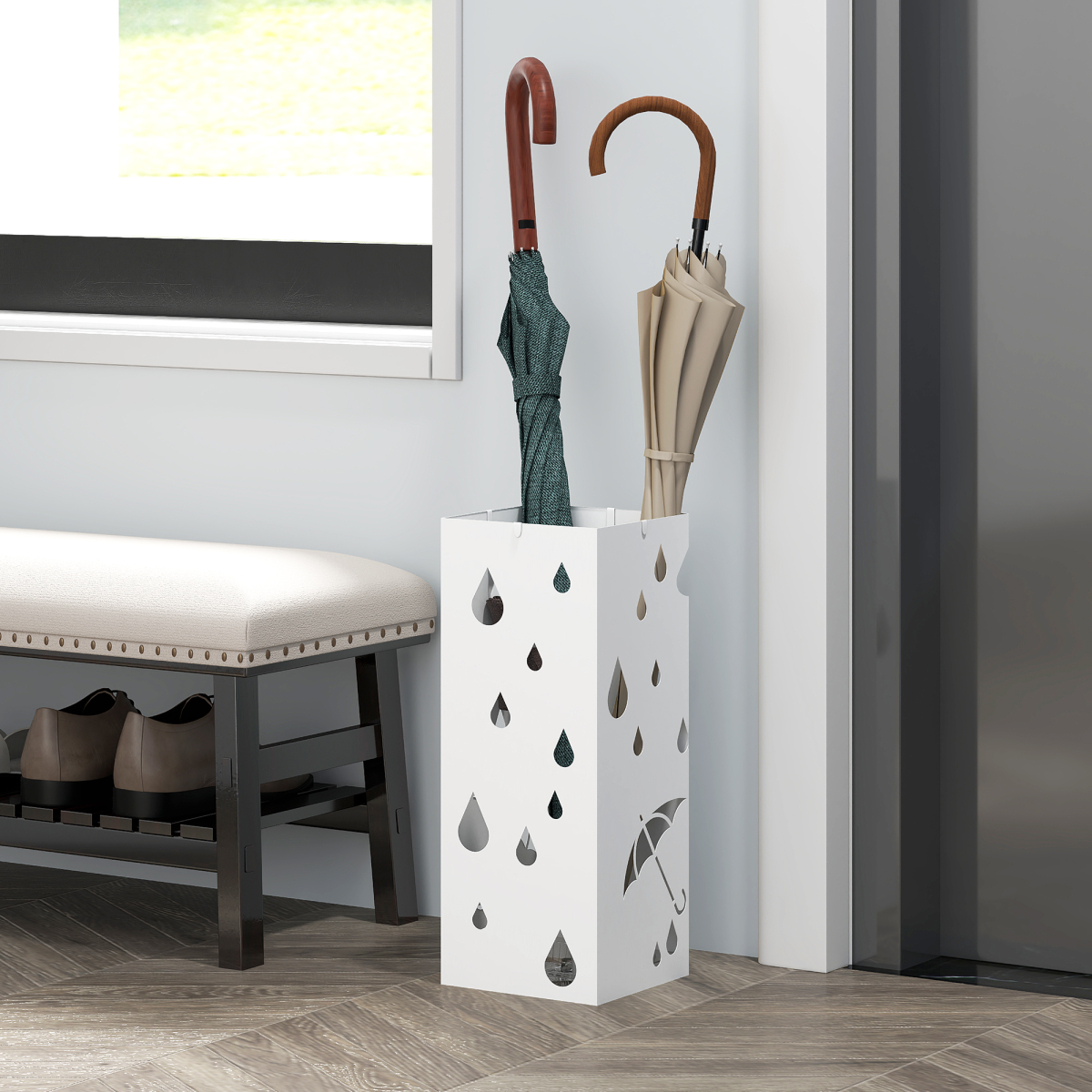 HOMCOM Square Metal Umbrella Stand with 4 Hooks and Drip Tray White