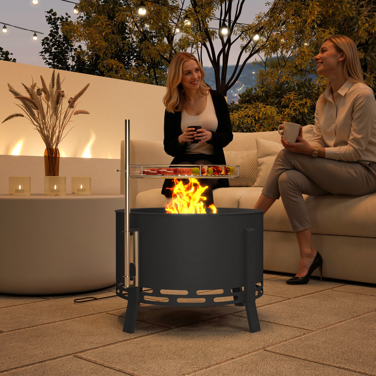 Outsunny 58cm Portable Round Fire Pit with Grill Grate, Black