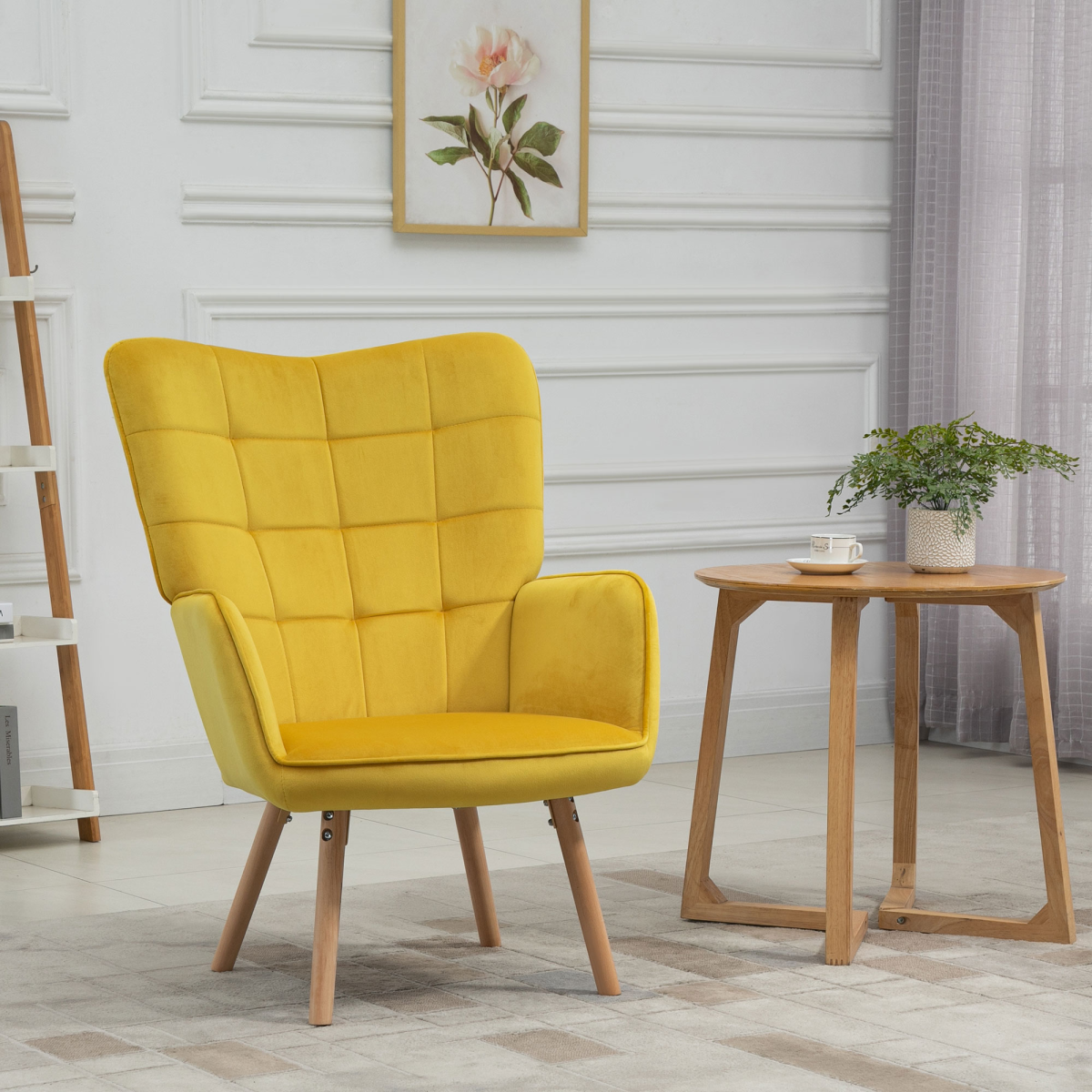 HOMCOM Modern Velvet-Touch Tufted Wingback Accent Chair with Wooden Legs