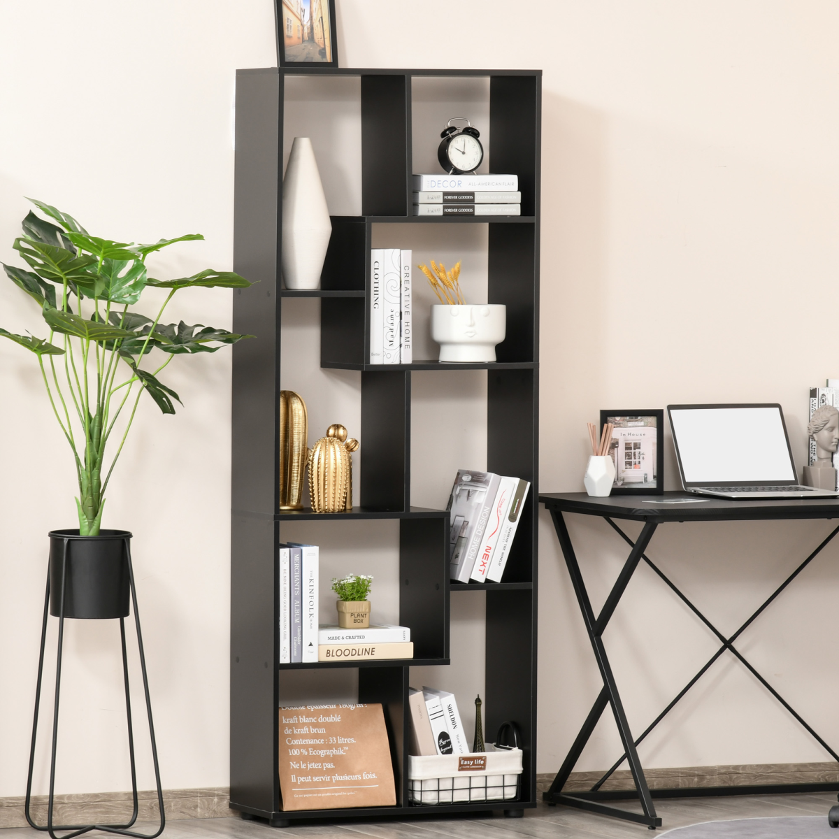 HOMCOM 178cm Black 8-Shelf Bookcase with Melamine Surface and Foot Pads, Multipurpose 8-Grid Storage