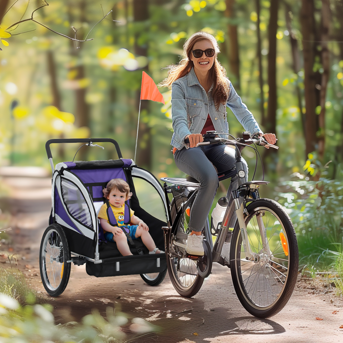 HOMCOM 2-Seat Child Bike Trailer with Safety Harness, Purple