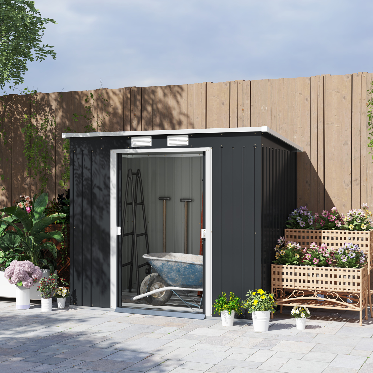 Outsunny 7 x 4ft Metal Garden Storage Shed with Double Door, Dark Grey