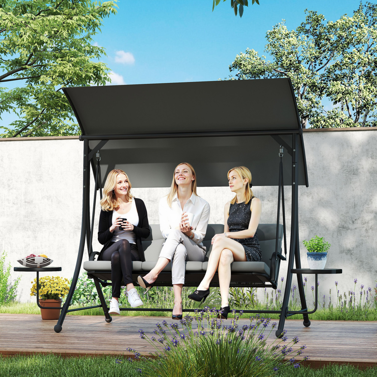 Outsunny 3-Seater Steel Garden Swing Chair with Adjustable Canopy
