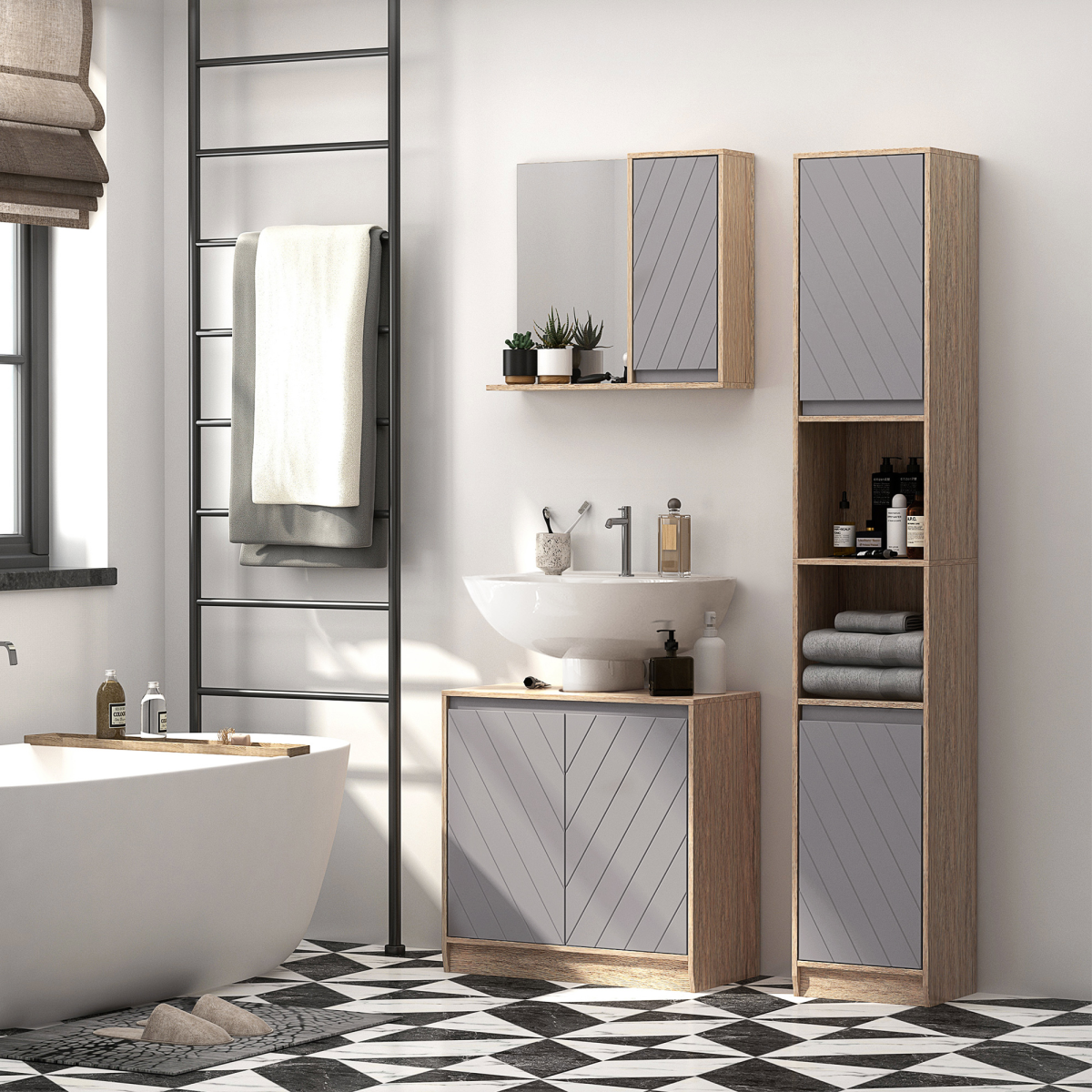 60cm Under-Sink Bathroom Storage Cabinet with Adjustable Shelf, 2 Doors, Brown