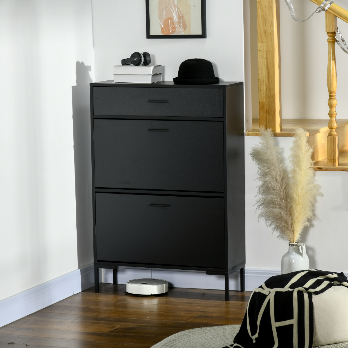 HOMCOM Slim Shoe Storage Cabinet with 2 Flip Drawers, Black