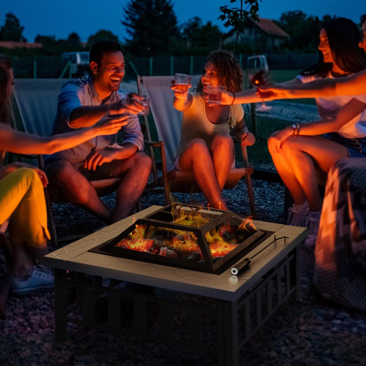 HOMCOM Square Fire Pit with Waterproof Cover, Black/Grey