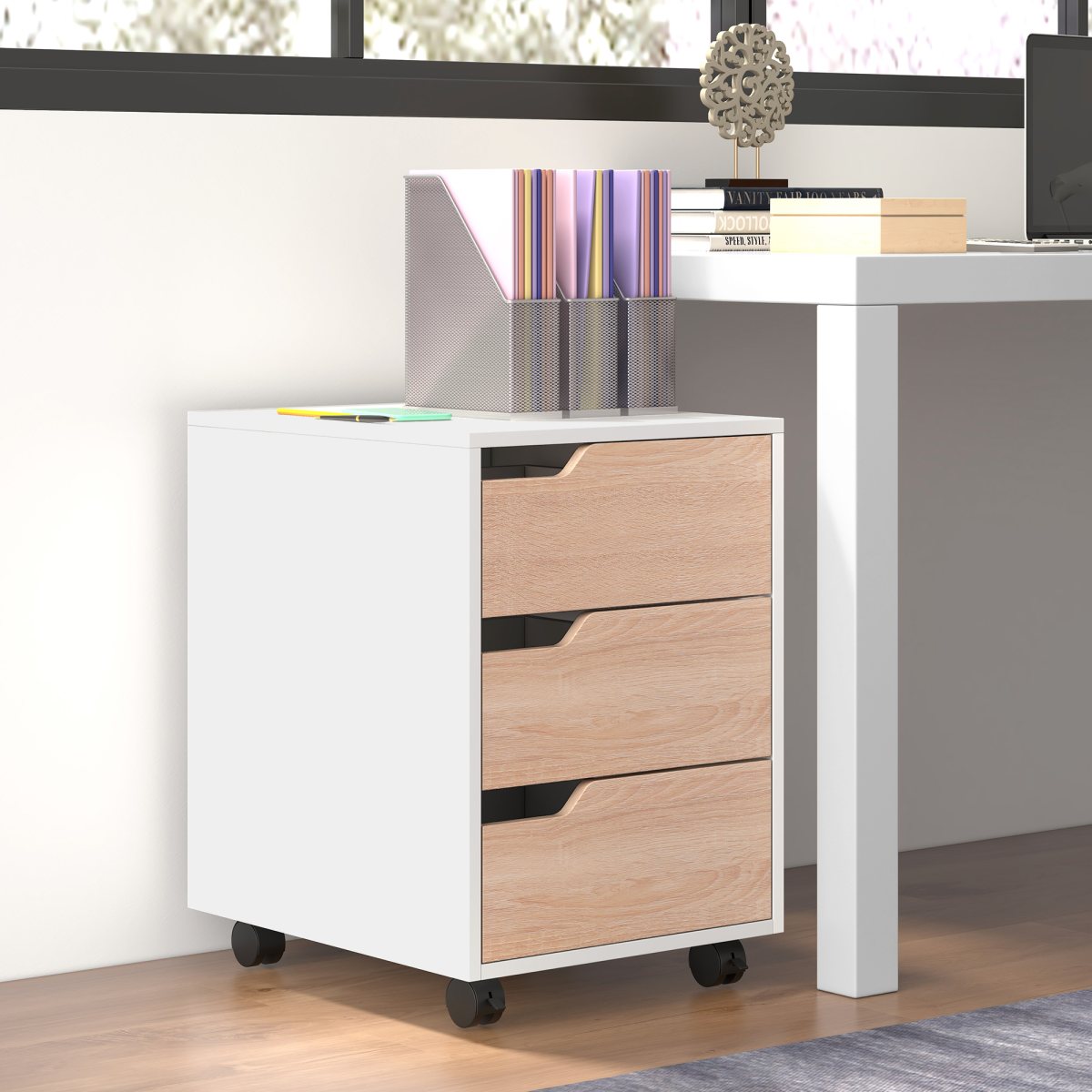 Homcom Mobile File Cabinet with 3 Drawers, Locking Casters, Metal Rails, Oak Tone White