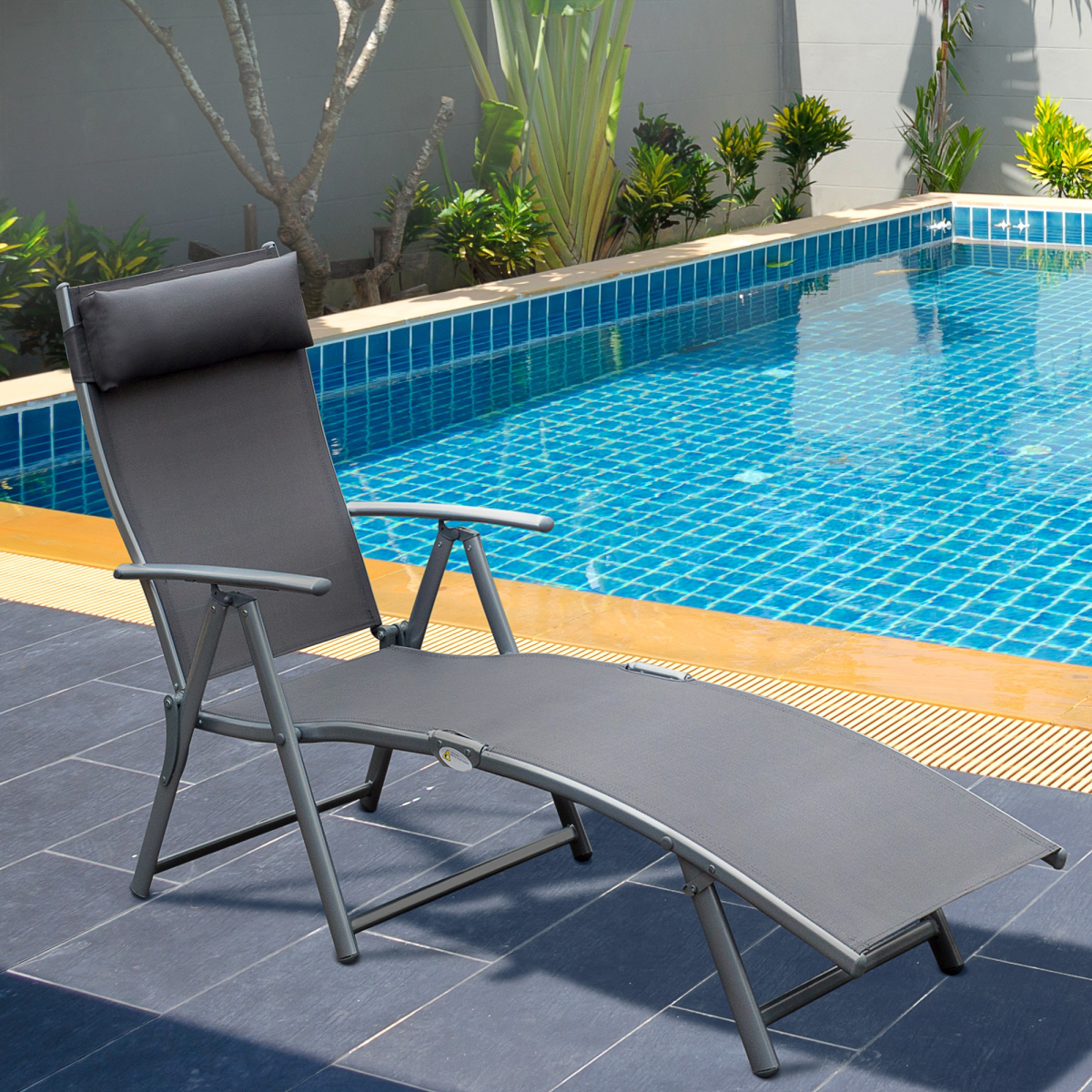 Outsunny Foldable Sun Lounger Recliner with Pillow, 5-Level Adjustable Backrest, Textilene, Grey