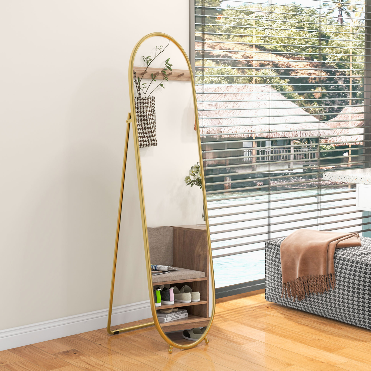 HOMCOM Oval Full Length Mirror with Metal Frame, Gold Tone