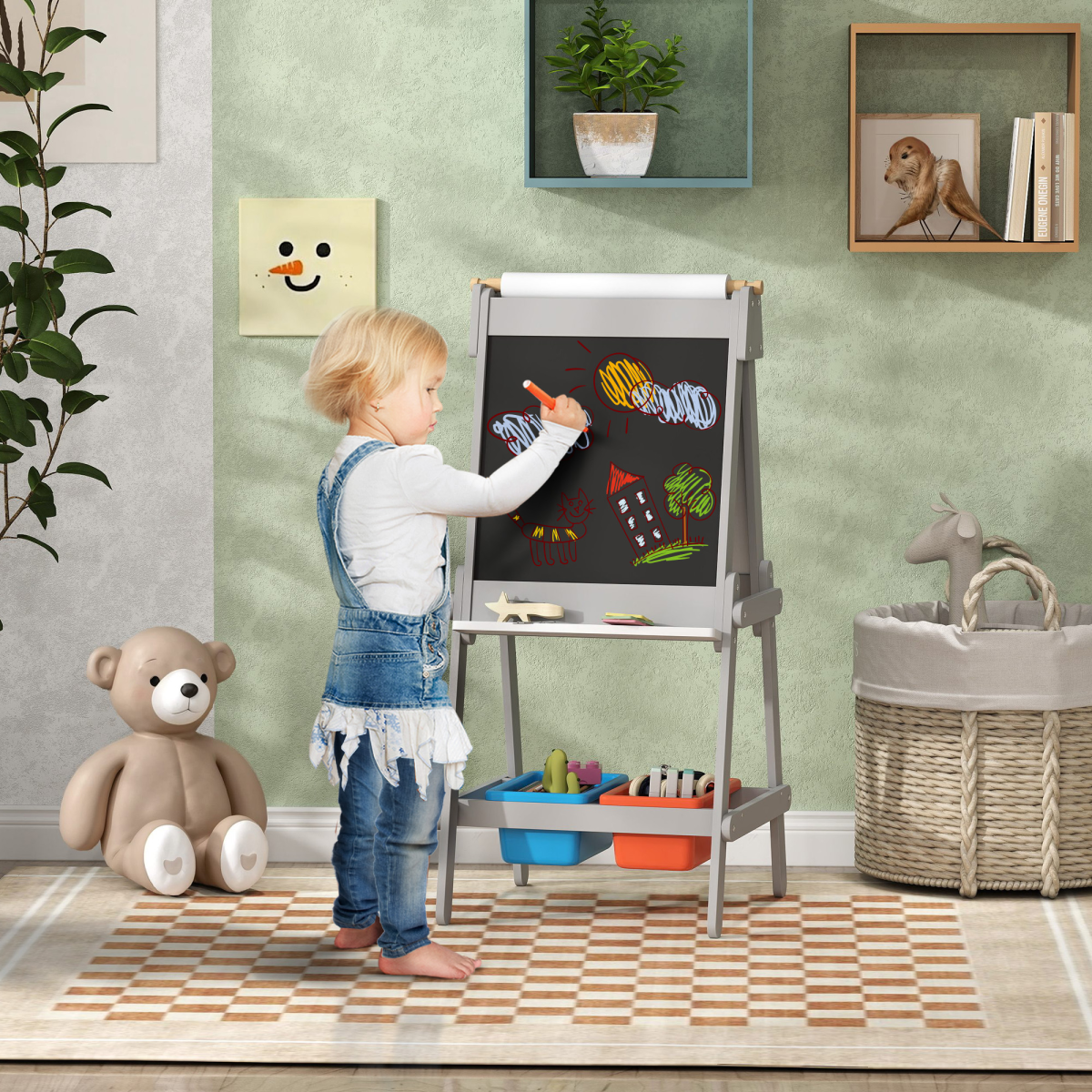 AIYAPLAY 3-in-1 Double-Sided Kids Art Easel with Paper Roll