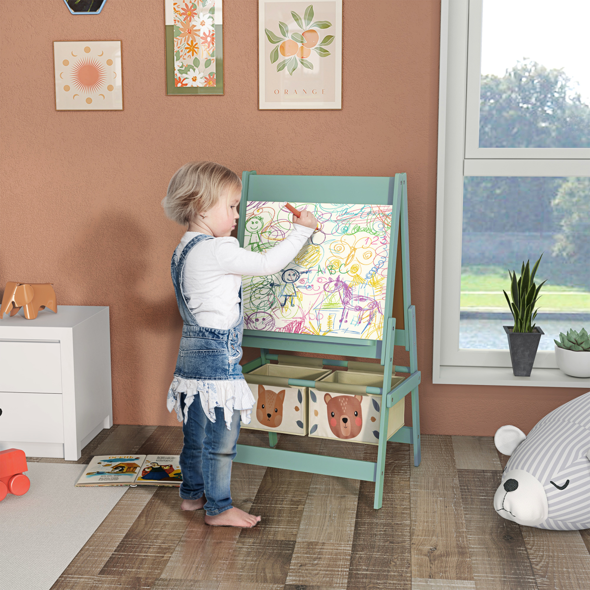 AIYAPLAY 3-in-1 Kids Easel with Paper Roll, Storage, Green