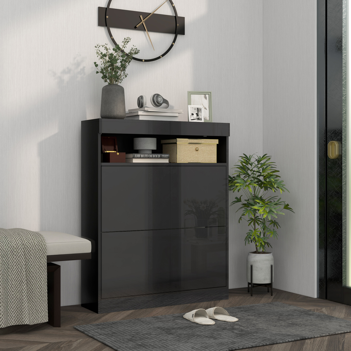 HOMCOM Black Shoe Cabinet with 2 Flip Drawers, Wall Mounted/Freestanding