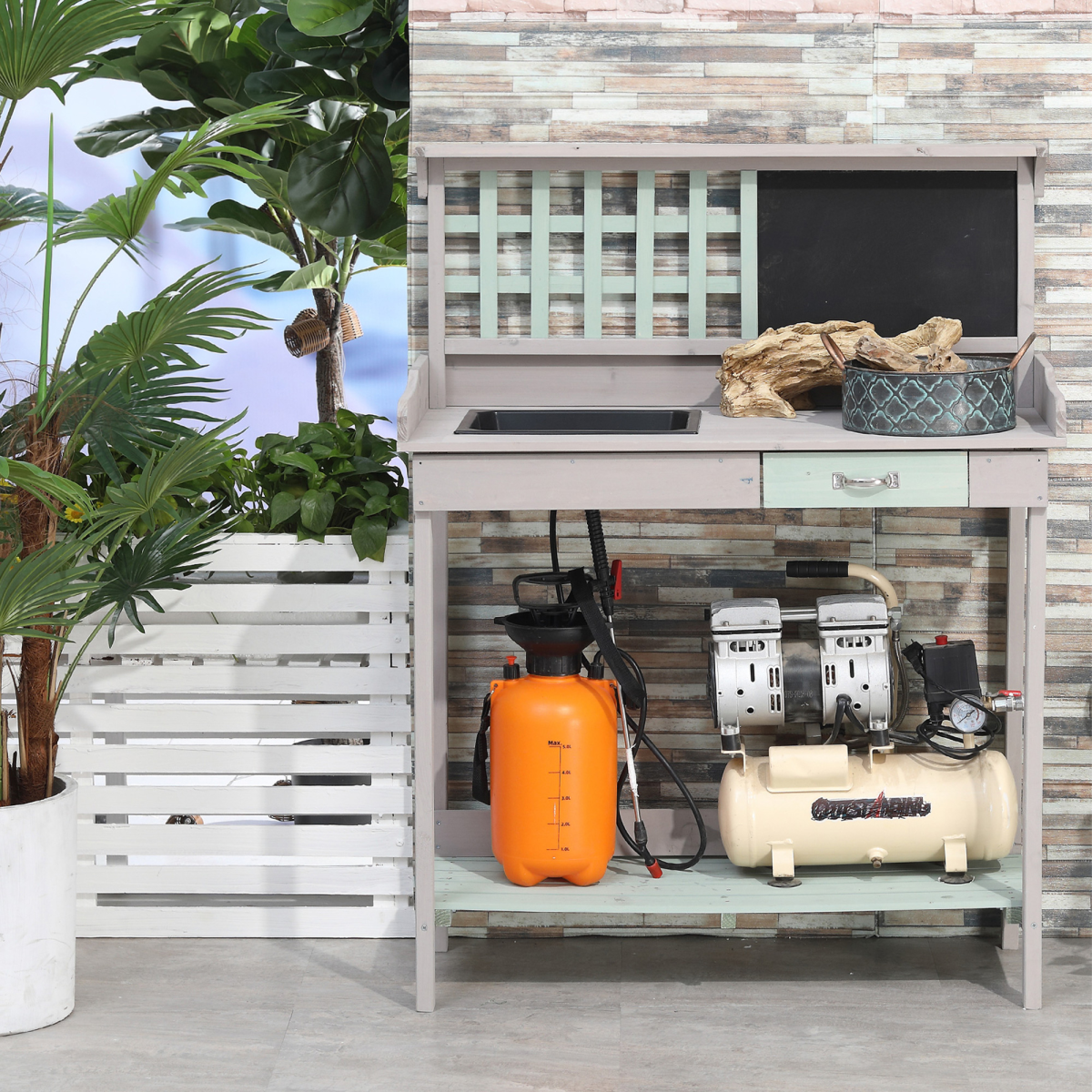 Outsunny Outdoor Solid Fir Wood Potting Table Bench with Sink, Blackboard, Drawer and Slatted Shelf