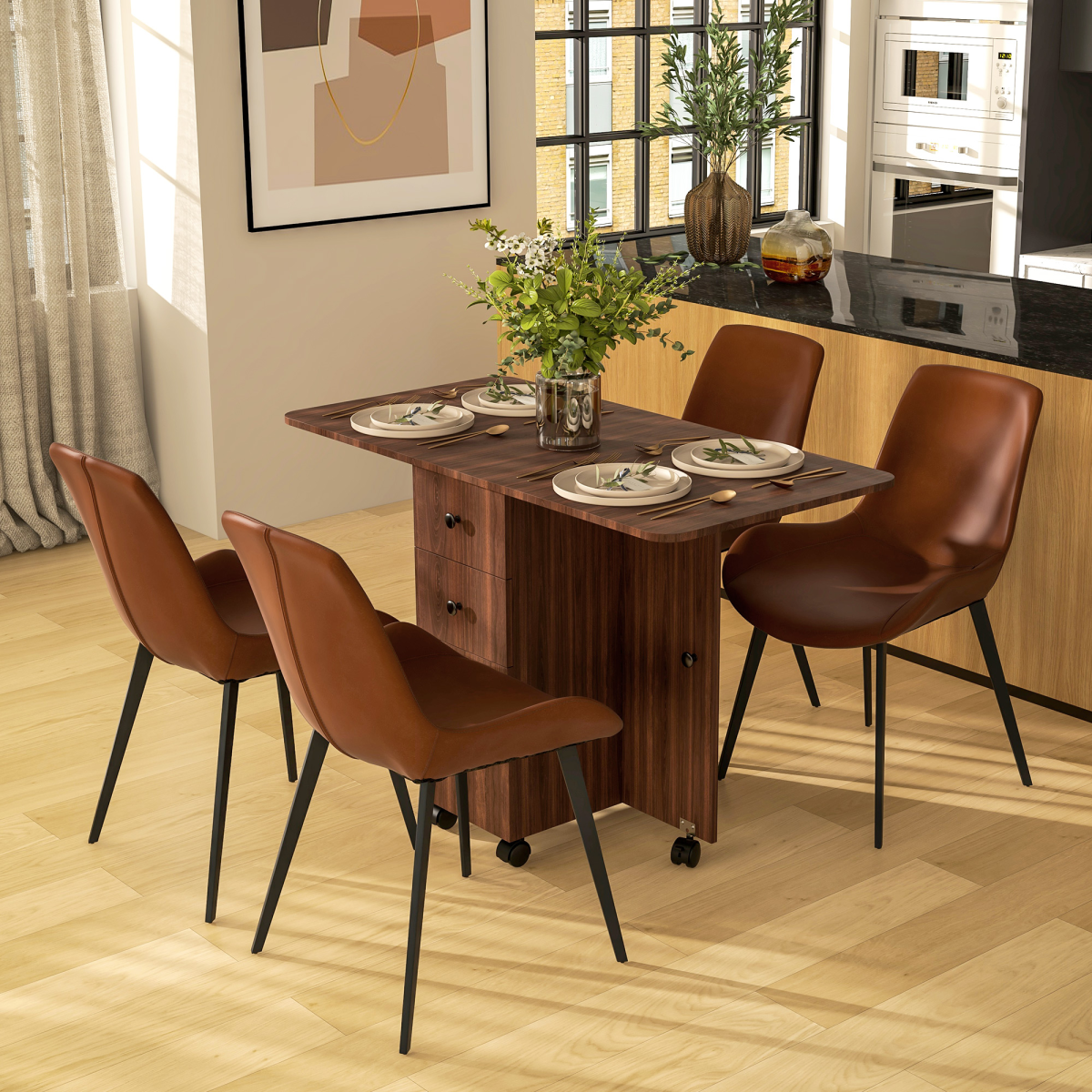 HOMCOM Folding Drop Leaf Dining Table with Drawers, Distressed Brown